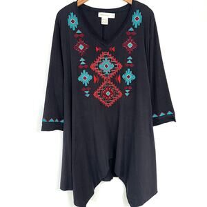 Embroidered Black Blouse with Red and Blue Accents